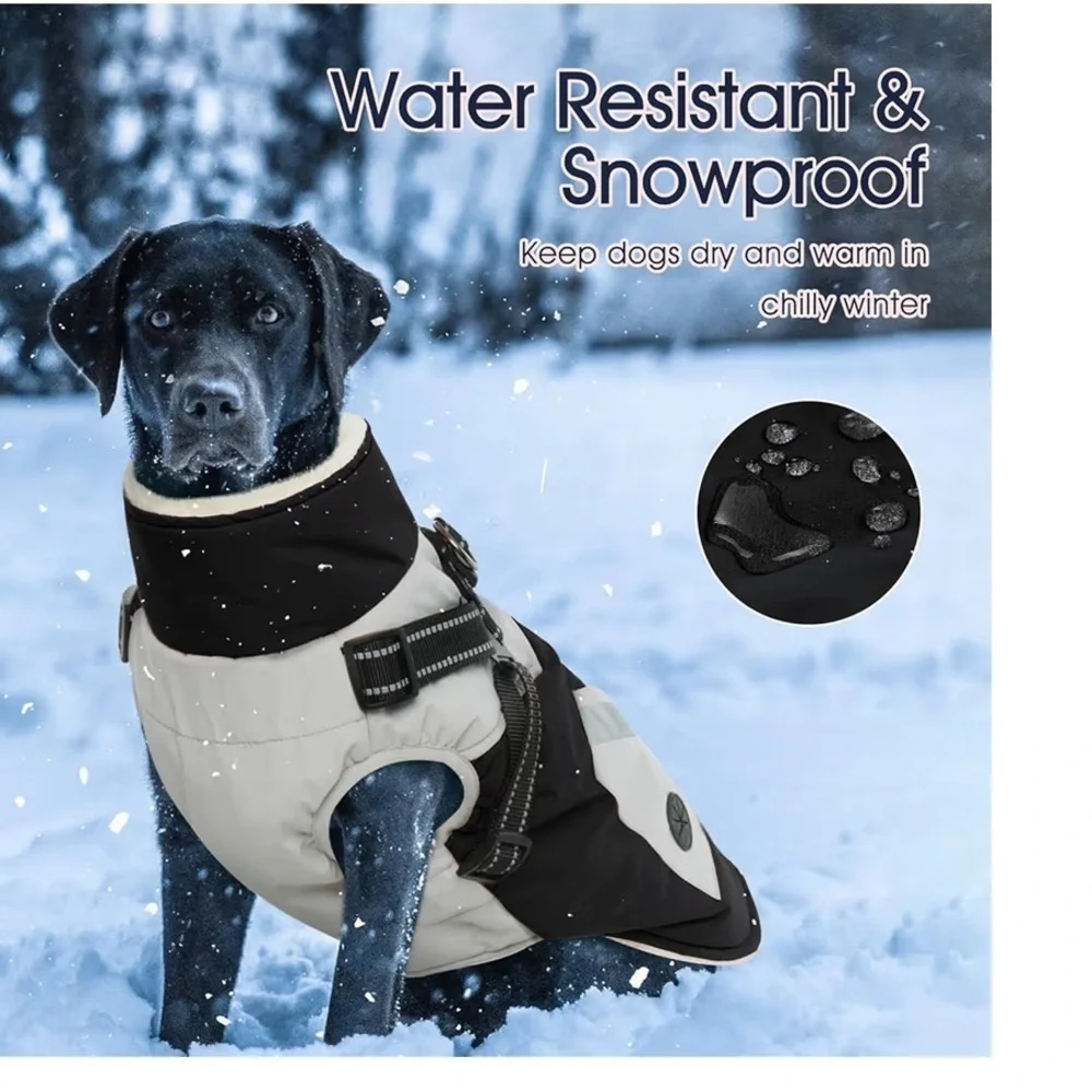 Dog/Cat Coat With Harness Built In - Black, Large - Waterproof Winter Coat/294-4